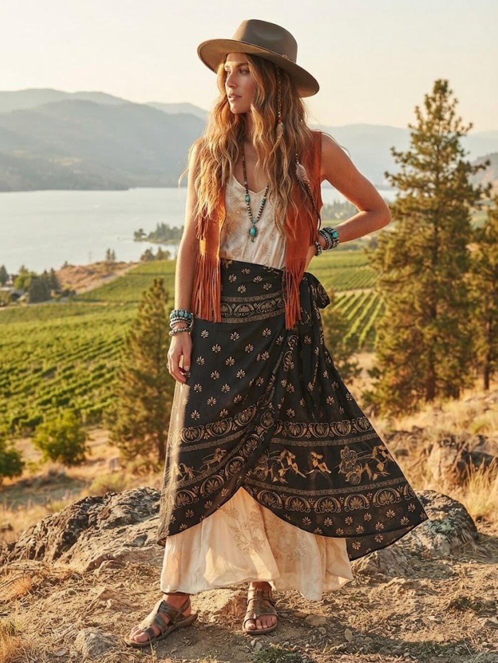 Vintage Mamouzakis Black & Gold Block Print Wrap Skirt | Boho 70s Midi